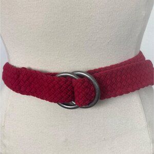 LL Bean Red Braided Cotton Rope Belt Silver Tone Double Ring S M Preppy Classic